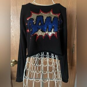 Forever21 Sequin Sparkle “BAM” Comic Style Pop Cropped Long Sleeve Crew Neck